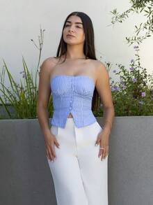 Andrea Bello Summer Casual Commuting Sky Blue Striped Front Button Tube Top Hot Girl Tops, Sexy Tops, Holiday Tops - Multicolor - View 3