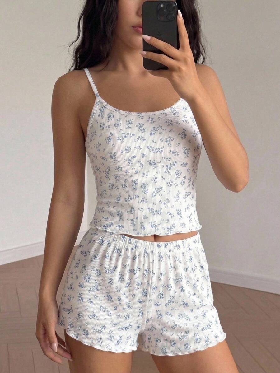 SHEIN Teen Girl/Teen Girls Ribbed Knit Ditsy Floral Camisole And Shorts Casual Pajama Set - Blue and White - View 1