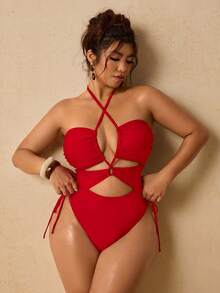 Travachic Plus Size Women's Solid Color Ruched Halter One-Piece Swimsuit, Suitable For Beach Vacation, Pool Party, Beach Party Swimsuits Bathing - Red - View 4