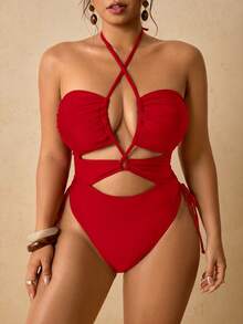 Travachic Plus Size Women's Solid Color Ruched Halter One-Piece Swimsuit, Suitable For Beach Vacation, Pool Party, Beach Party Swimsuits Bathing - Red - View 7