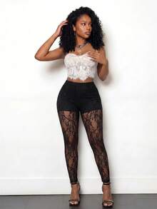 BamGleam Enfärgade sexiga genomskinliga Slim Fit Leggings - Svart - Visa 5
