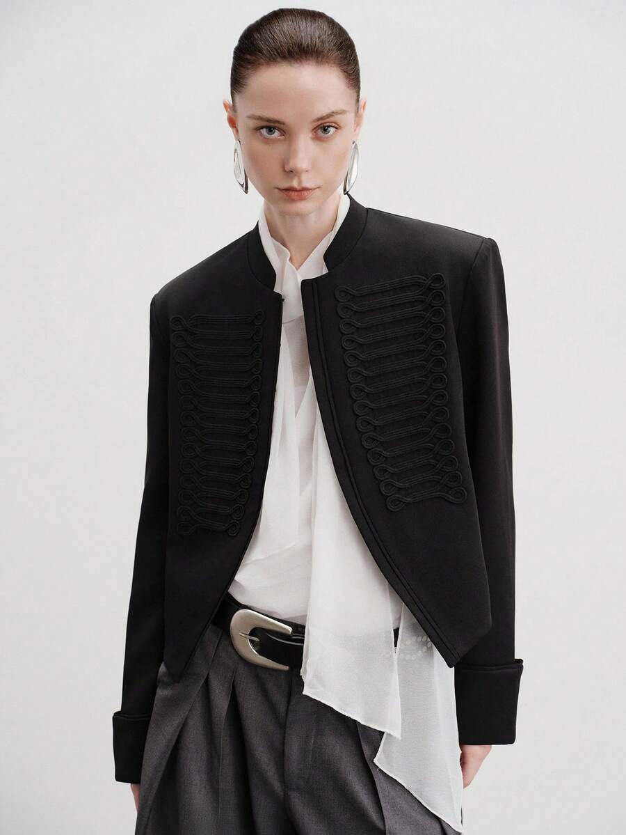 Aveloria Modichic Black Court Style Short Stand Collar Jacket Military Style Elegant Frog Button Swallowtail Waist-Cinching Blazer Women's Slim Fit Spring/Autumn Dinner - Black - View 1