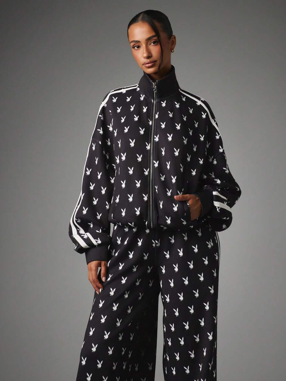 Missguided x Playboy Bunny All-Over Print Full-Zip Track Top With High Neck And Contrast Stripe Sleeves