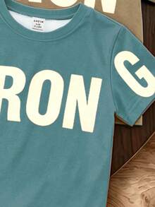 SHEIN 1 Random Set,  Outdoor Preferred Simple Letter Print Pattern Blue T-Shirt With Shorts, Simple Letter Print Pattern Khaki T-Shirt With Shorts - Multicolor - View 6