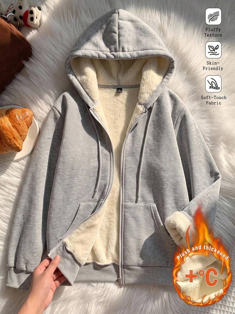 SHEIN EZwear 女款休閒抽繩寬鬆拉鍊連帽衛衣,適合日常穿著與返校季,秋季上衣,適用日常通勤、聚會、秋冬夏季、聖誕節、新年、感恩節、派對、婚禮、海灘、畢業典禮、優雅、外出、約會、通勤、情人節、度假、Y2K - 灰色 - 查看 1