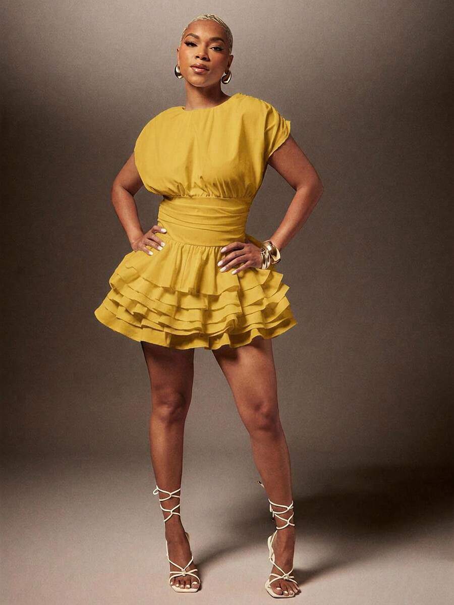 Vixey Solid Woven Round Neck Pleated Waist Tiered Ruffle Short Dress ...