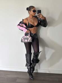 Slaydiva 女款時尚短版鈕扣拉鍊長袖條紋印花夾克 - 粉色 - 查看 3