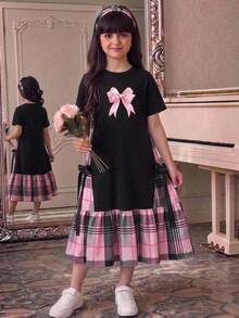 SHEIN 兒童青少年女孩度假休閒針織粉色格紋蝴蝶結裝飾短袖寬鬆A字洋裝，黑色洋裝，日常穿著，返校季 - 黑色 - 查看 8