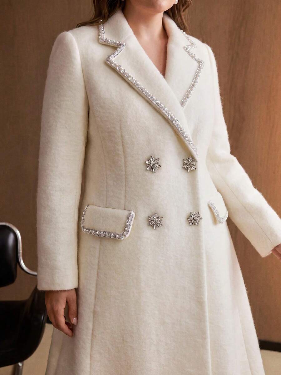 MOTF PREMIUM PLUS SIZE WOMEN'S WOOL RHINESTONE DECORATED OVERCOAT - Apricot - View 2