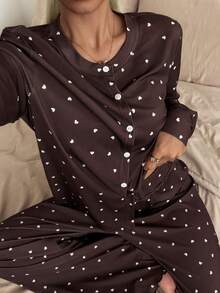 SHEIN 女童愛心印花長袖開襟衫、背心、長褲 3 件套居家服 - 咖啡棕 - 查看 7