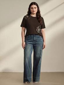 Anewsta Plus Size Women's Floral Print Casual Versatile Daily Short Sleeve T-Shirt - Coffee Brown - View 4