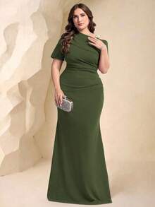 Coutiva Plus Size Women's Solid Color Asymmetrical Neck Short Sleeve Ruched Fishtail Hem Elegant Formal Evening Gown - Olive Green - View 1