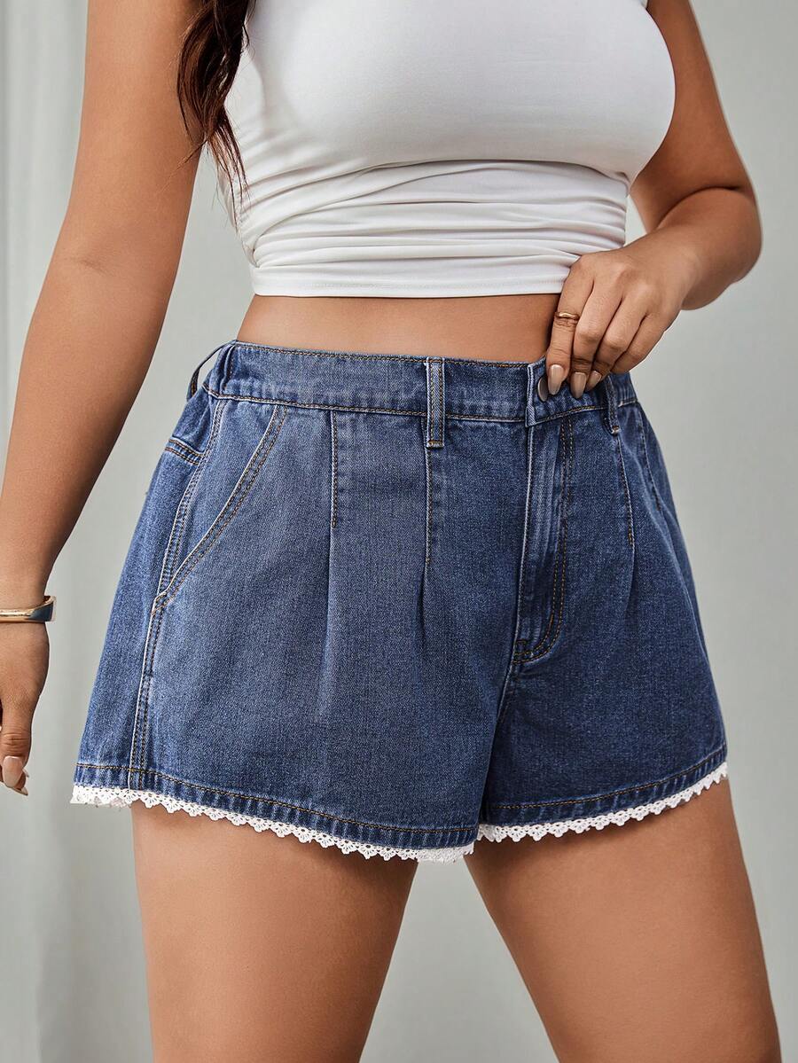 Elenzga Plus Size Women's Casual Daily Denim Shorts With Pockets And Buttons Formal Vacation Blue And White Summer - Medium Wash - View 1