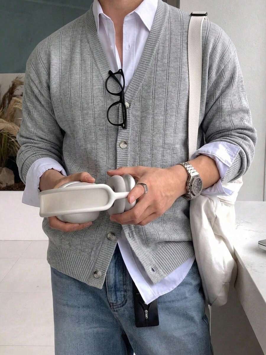 Manfinity CasualKnits Men's V-Neck Long Sleeve Single-Breasted Knit Cardigan Suitable For Daily Casual Wear Or Outings, Also An Ideal Gift For Friends, Grey Autumn Vacation - Multicolor - View 1
