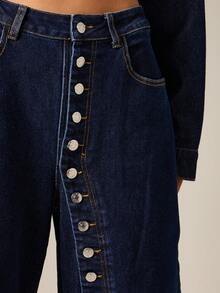 AiiRZ Wide Leg Dark Wash Denim Jeans With Button Side Seam Detail Mid Rise Full Length Barrel Fit Fall Winter Style - Dark Wash - View 4