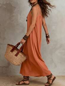Solivie Women's Solid Color Pleated Casual Tropical Daily Summer Long Spaghetti Strap Dress Vacation Burnt Orange - Rust Brown - View 7