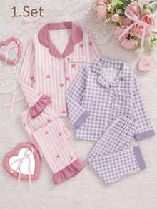 SHEIN 女童兩件式睡衣套裝，翻領開襟衫，格紋印花，甜美可愛風，短袖長褲，休閒梭織家居睡衣套裝 - 紫色 - 查看 1