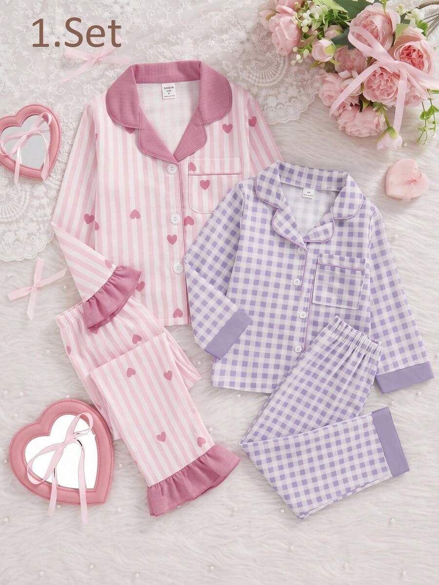 SHEIN 女童兩件式睡衣套裝,翻領開襟衫,格紋印花,甜美可愛風,短袖長褲,休閒梭織家居睡衣套裝 - 紫色 - 查看 1