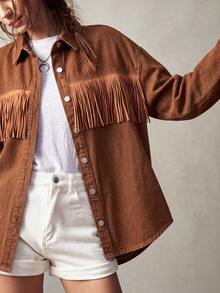Bohemela Women's Drop Shoulder Long Sleeve Single-Breasted Casual Fringe Design Denim Jacket - Khaki - View 3