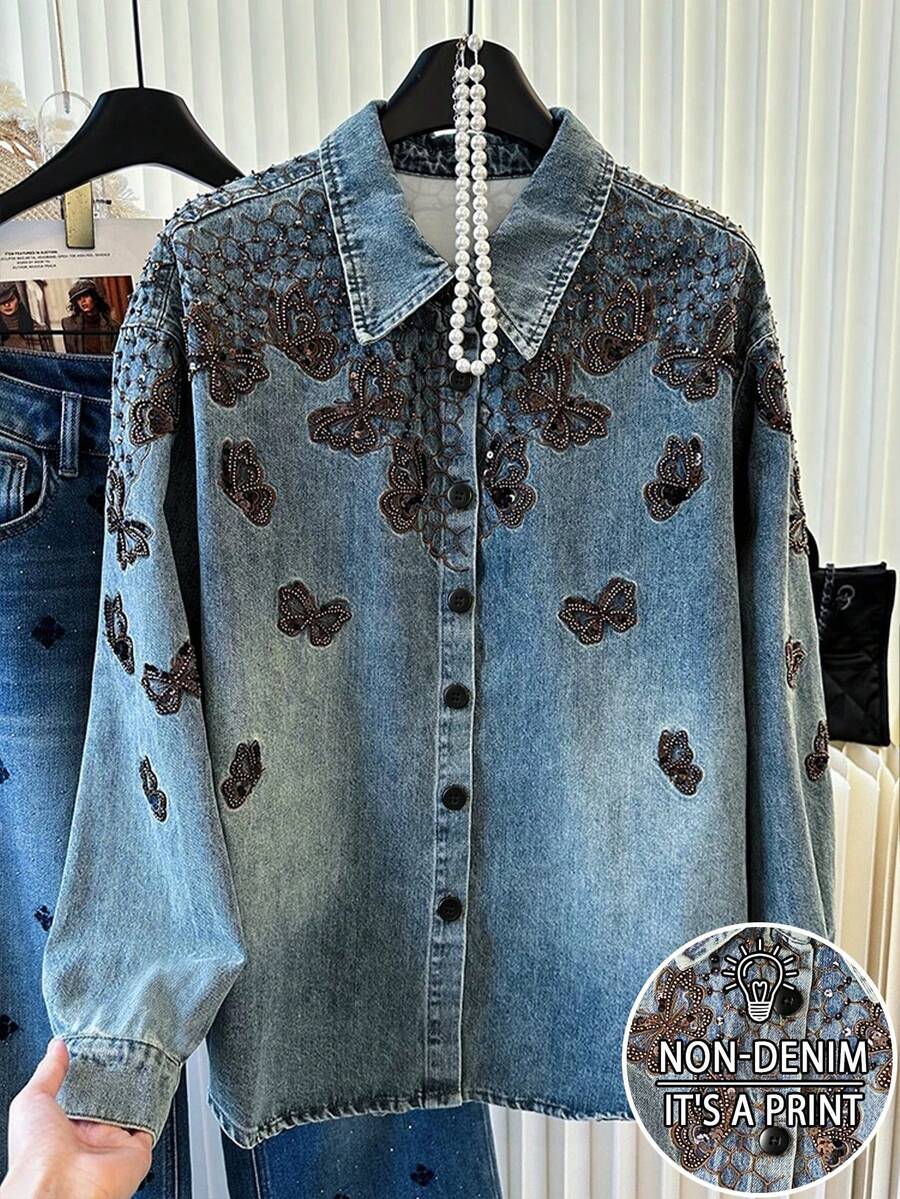 Resyla Kemeja Denim Bordir Kupu-kupu Imitasi Elegan untuk Wanita Musim Semi/Gugur, Serbaguna, Melangsingkan, dan Berkerah Longgar - Biru - View 1