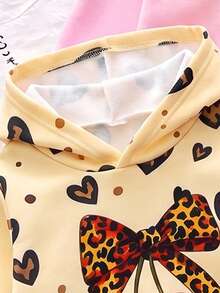 Randomly Ships 1 Of 3, Young Girls Casual Cute Leopard Print Cherry And Bow Pattern Hooded Sweatshirt, Suitable For Autumn/Winter Daily Wear, Comfortable And Cozy - Multicolor - View 4