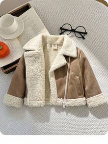 SHEIN 女婴保暖内衬拉链夹克，带翻领，卡其色，适合女婴，温暖冬季外套，适合户外、派对、雪地玩耍 - 卡其色 - 查看 1