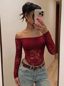 SHEIN ICON 女款蕾絲露肩性感百搭長袖連身衣 - 酒紅色 - 查看 3