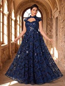 Serin Luxury Plus Size Elegant Glamorous Navy Blue Sequin Embroidered Hollow Out Stand Collar Cap Sleeve A-Line Formal Maxi Dress - Navy Blue - View 1
