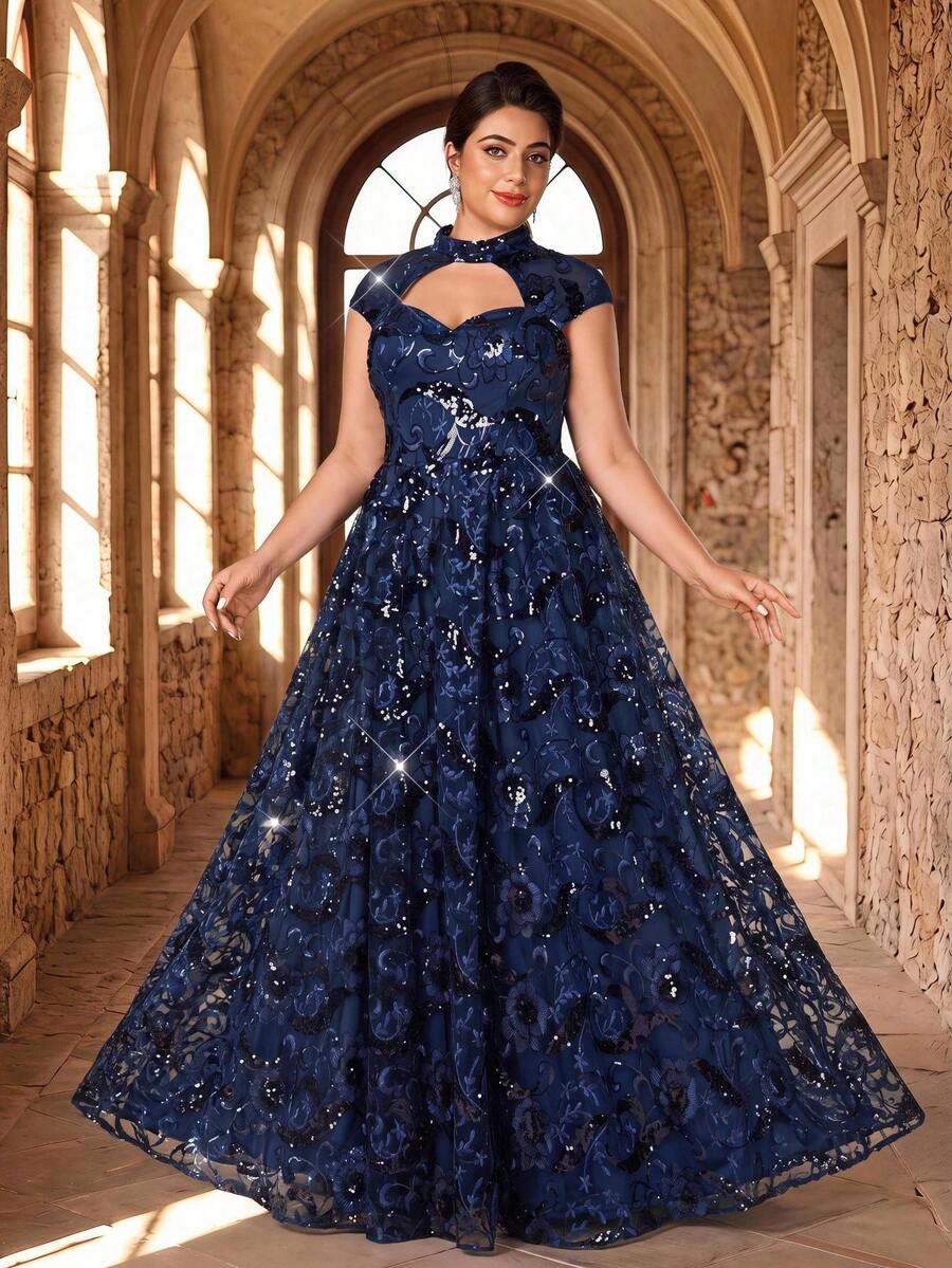 Serin Luxury Plus Size Elegant Glamorous Navy Blue Sequin Embroidered Hollow Out Stand Collar Cap Sleeve A-Line Formal Maxi Dress - Navy Blue - View 1