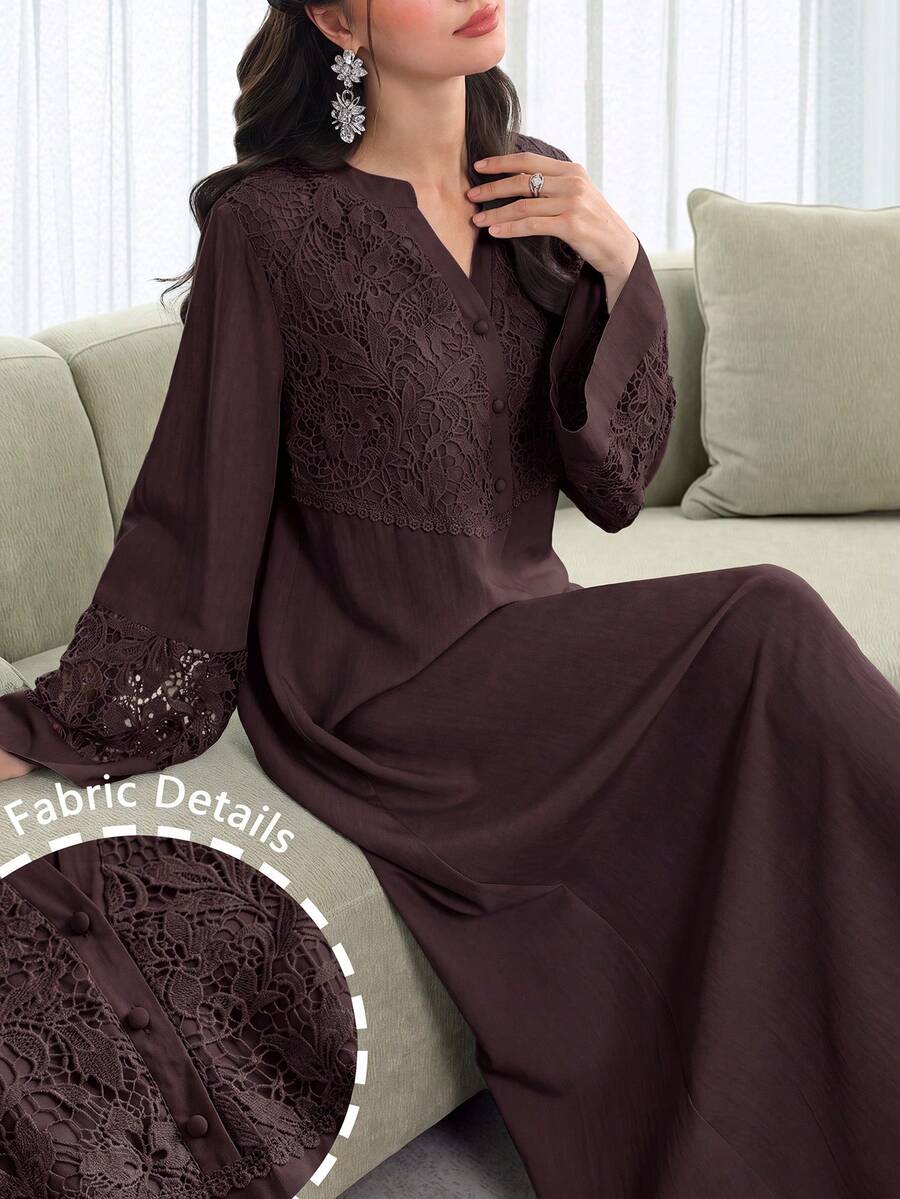 Al Najma 春夏時尚V領喇叭袖拼接3D刺繡蕾絲飾邊大裙擺洋裝 - 咖啡棕 - 查看 1