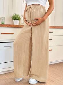 SHEIN Maternity Solid Color Adjustable Waist Casual Daily Wide Leg Pants - Khaki - View 7