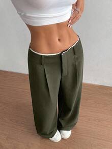SHEIN Unity Versatile Commuting & Business Women's High-Waisted Patchwork Design Super Slimming Straight Leg Olive Green Wide Leg Pants - Army Green - View 5
