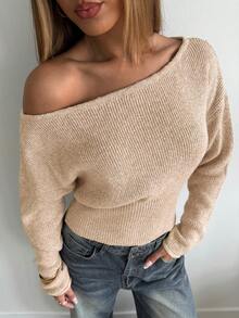 Aloruh Women's Solid Color Asymmetrical Shoulder Casual Daily Long Sleeve Sweater - Apricot - View 8