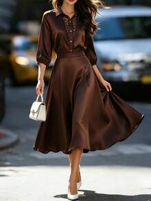 Balvessa Women's Elegant Commute Shirt And Skirt 2 Pieces Set - Brown - View 1