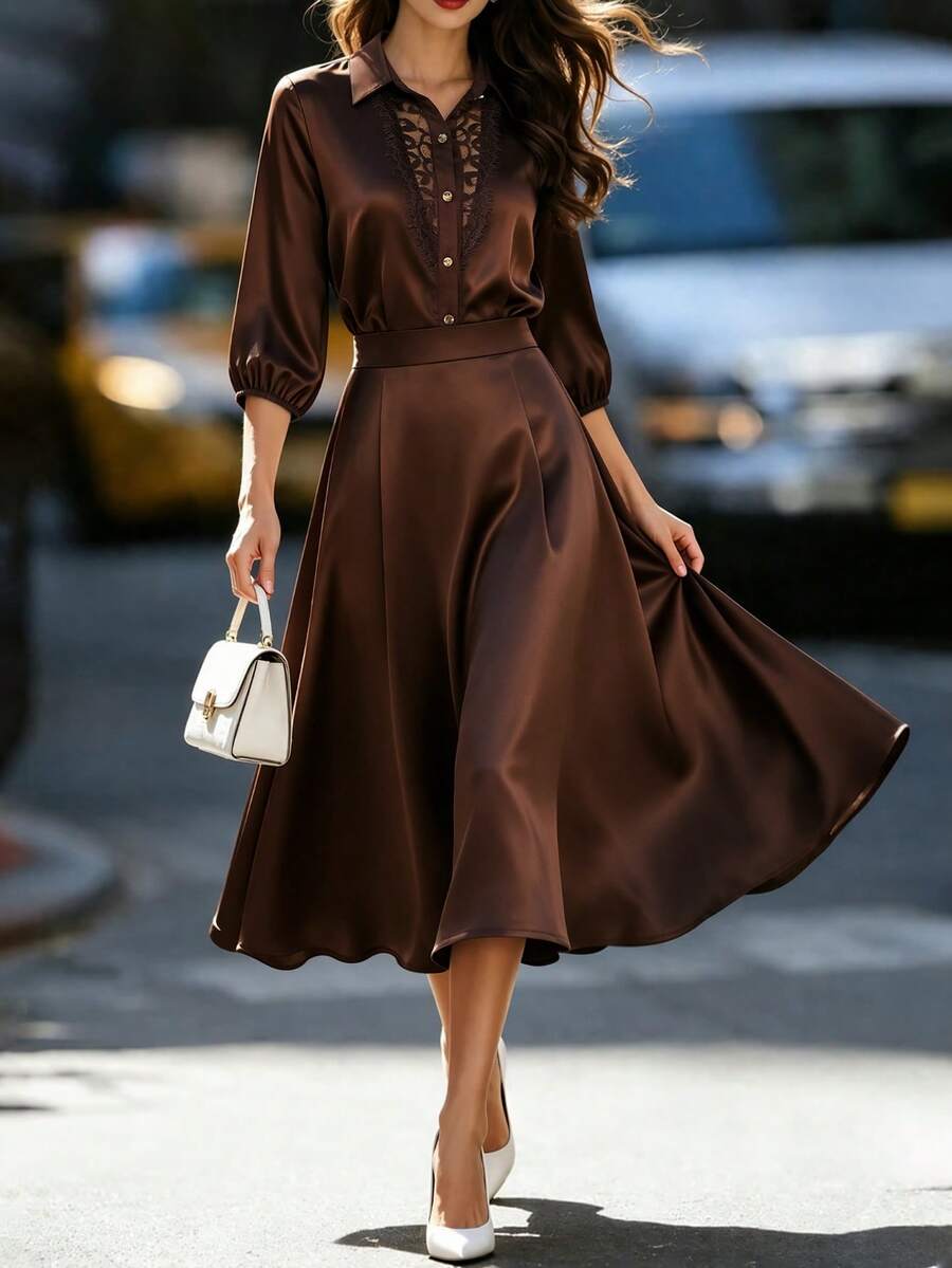 Balvessa Women's Elegant Commute Shirt And Skirt 2 Pieces Set - Brown - View 1