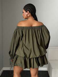 Maweii Plus Size Women Solid Color Off-Shoulder Ruched Casual Daily Summer Dress - Army Green - View 6
