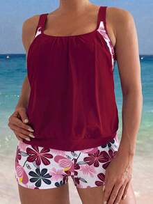 Swim Lushoire 女款度假風百褶背心與花卉印花短褲泳裝兩件套 - 紅色 - 查看 3
