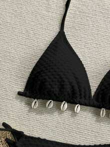 Kids Teen Girls Black Spaghetti Strap Textured Shell Decor Bikini Set,Summer Beach Holiday Backless Triangle Swimwear,Boho - Black - View 4