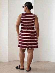 ELLERISSA Plus Size Red & White Stripe Round Neck Sleeveless Front Button Waffle Knit Mini Dress - Red and White - View 5