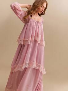 CielaLinda Women's Lace Trim Ribbon Chiffon Maxi Dress, Long Sleeve Flowy Dress, Romantic Boho Dress - Pink - View 1