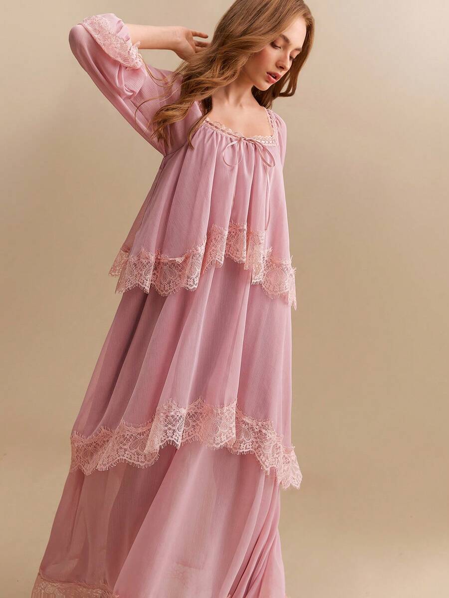 CielaLinda Women's Lace Trim Ribbon Chiffon Maxi Dress, Long Sleeve Flowy Dress, Romantic Boho Dress - Pink - View 1
