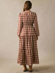Boho Mama Plaid Pleated Casual Sexy Daily Photoshoot Maternity Dress Autumn Burgundy - Burgundy - View 8