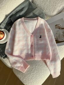 SHEIN 女童新款優雅粉色針織開襟毛衣上衣，柔軟舒適，可愛刺繡兔子圖案，適合日常穿著、上學、外出、聚會，秋冬款 - 粉色 - 查看 7