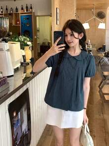 DAZY 女款彼得潘領格紋休閒韓系學院風度假夏季可愛上衣 - 藍色 - 查看 8