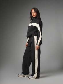 MISSGUIDED Wide Leg Color Block Track Pants With Side Stripe Detail Elasticated Drawstring Waist Full Length Casual Trousers - Black and White - View 2