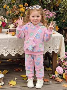 SHEIN Vintaside Kids 嬰兒毛絨套裝，加厚珊瑚絨服裝附包包，可愛花卉連帽套裝，適合秋冬家庭搭配里程碑，粉色可愛端莊 - 粉色 - 查看 3