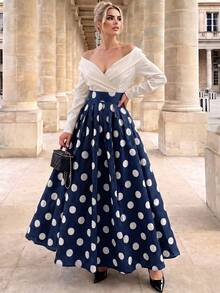 Anewsta Fall Classic 1960s Vintage Elegant Retro Polka Dot Holiday Party A-Line Skirt For Women Blue - Navy Blue - View 3
