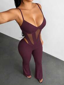 Eryvara Jumpsuit Wanita Seksi Kasual dengan Detail Jala Berongga dan Patchwork, Tali Bahu Tipis, dan Potongan Kaki Mengembang. - Burgundy - View 1