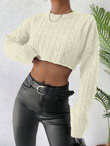 EURMUSE Cable Knit Drop Shoulder Crop Sweater - Beige - View 3
