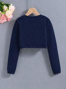 SHEIN Elladie kids 青少年女孩純色休閒百搭日常穿搭開襟衫 - 藏蓝色 - 查看 3